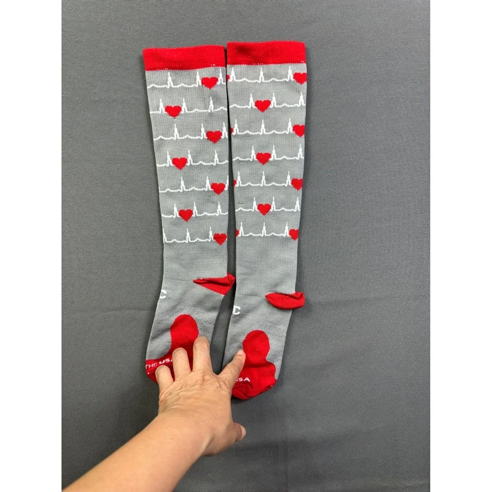 2 pairs Grey Heartbeat EKG Compression Socks Red Hearts Knee High USA Size SM/MD